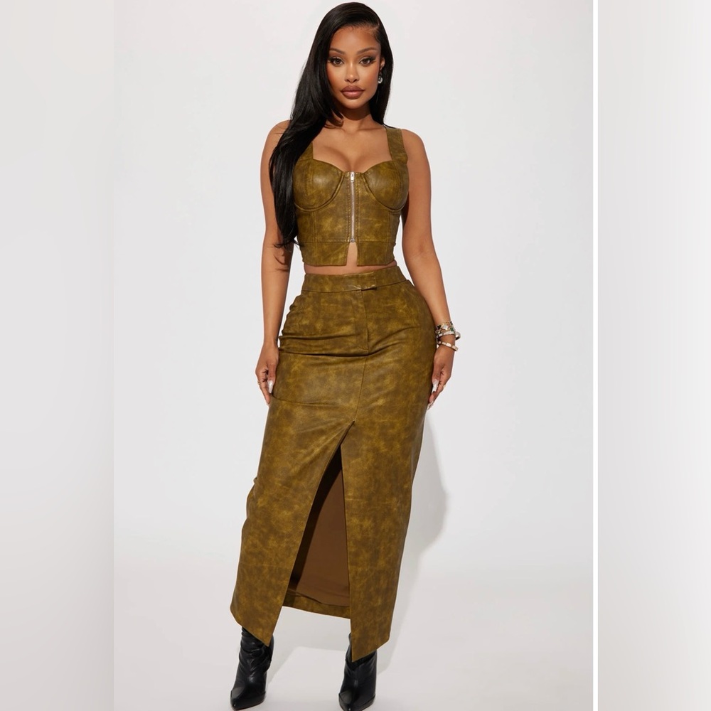 Carry It Well Washed Faux Leather Maxi Skirt & Corset Top - Olive